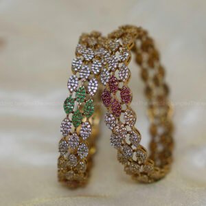 Multicolour Leaf Motif CZ Bangles in Antique Gold Finish