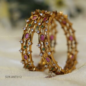 Elegant Gold Bangles with Pink and Green Stone Detailing