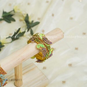 Green & Purple Parrot Motif Kundan Bangle Set