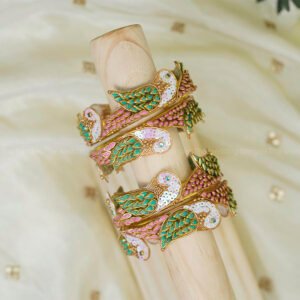 Dusty Pink & Emerald Green Parrot Motif Thread Bangle Set