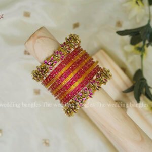 Pink & Orange Glass Bangle Set with Handmade Floral Kada