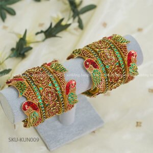 Green & Red Parrot Motif Kundan Bangle Set