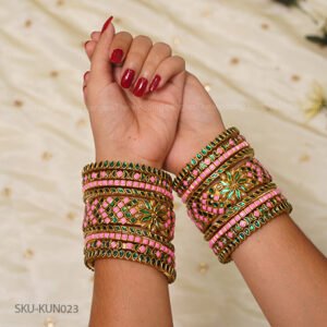 Pink & Green Royal Enamel Kundan Kada Set