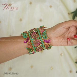 Pink & Green Peacock Floral Kundan Kada Set